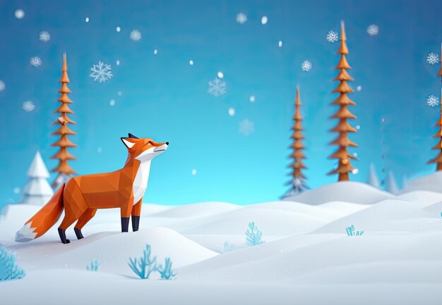cute 3d cartoon red fox smiling in the snowing background
