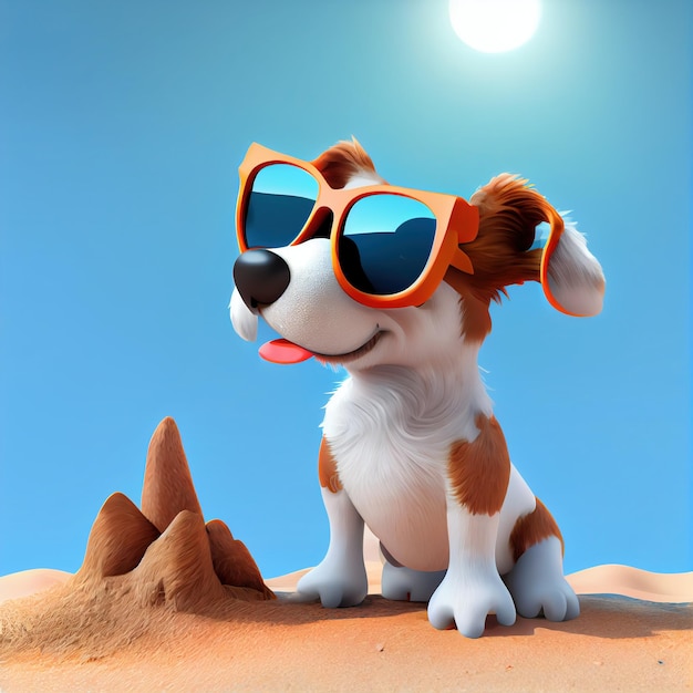 Cute 3d Cartoon Summer Dog on a Beach with Sunglasses