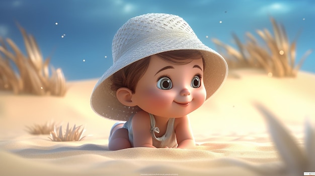 a cute 3d character of a baby girl lying on the sand made by generative AI