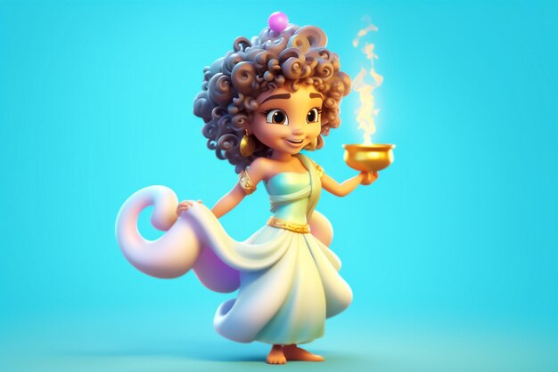 A cute 3d character of a genie with a lamp