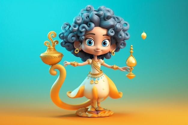 A cute 3d character of a genie with a lamp