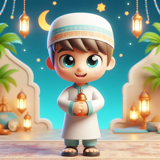 Cute 3D character Moslem Celebrating Eid Mubarak Cartoon Illustration People Religion