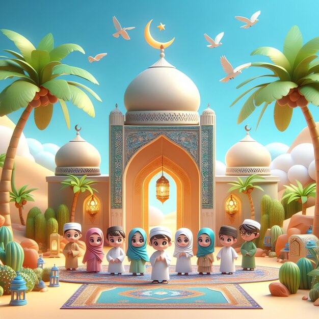 Photo cute 3d character moslem celebrating eid mubarak cartoon illustration people religion