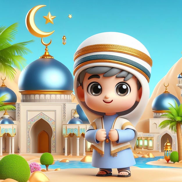 Cute 3D character Moslem Celebrating Eid Mubarak Cartoon Illustration People Religion