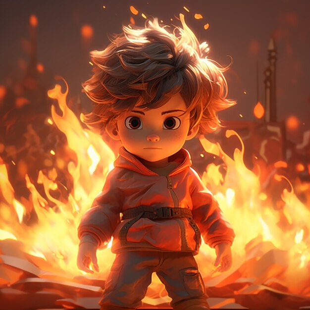 Cute 3d character with fire on background