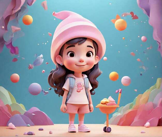 Photo cute 3d chibi girl character with hat happy playing on gradient pastel planet background