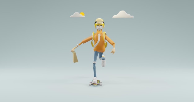 스케이트보드에 물건을 배달하는 귀여운 3d 개념 그림 소년