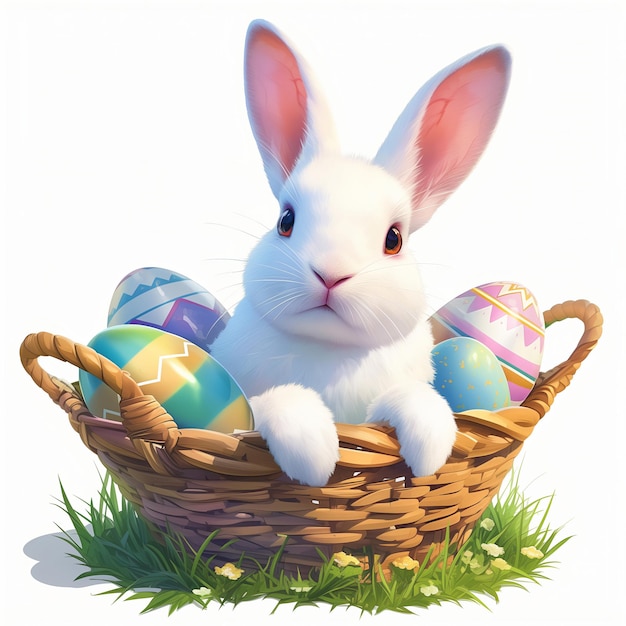 Photo cute 3d easter illustration of basket with bunny rabbit and painted eggs on white backdrop