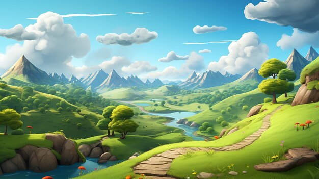 Cute 3D Environment of Hills with Bright Sky