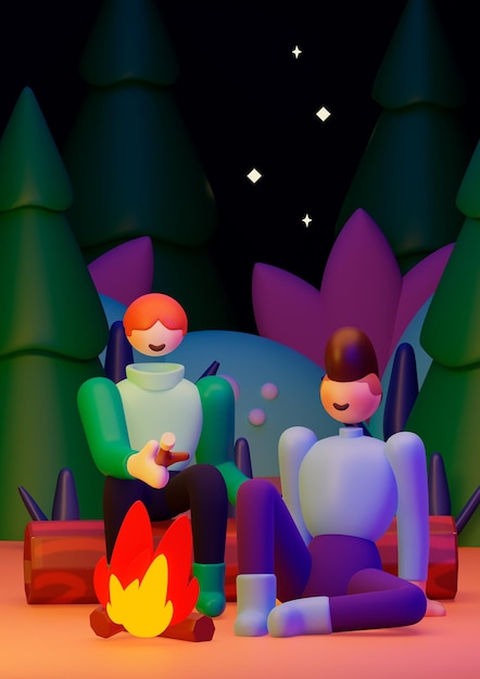 cute 3d illustration of two boys enjoying a camping night