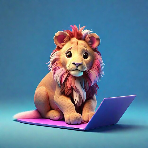 A Cute 3D Lion Using a Laptop Background generated by AI