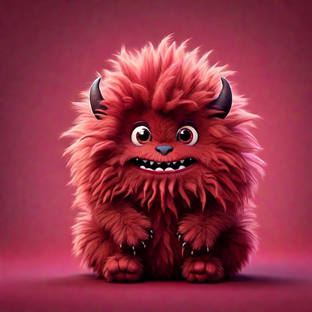 A cute 3d maroon cartoon fluffy monster character isolated on color background