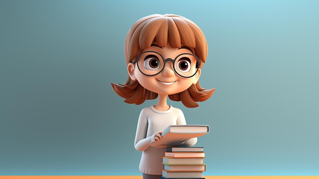 Милая 3D-моделирование девушки и кучи книг