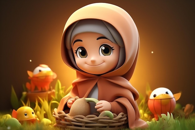 ラマダン カリームのお祝いのためのかわいい 3 D イスラム教徒のキャラクター