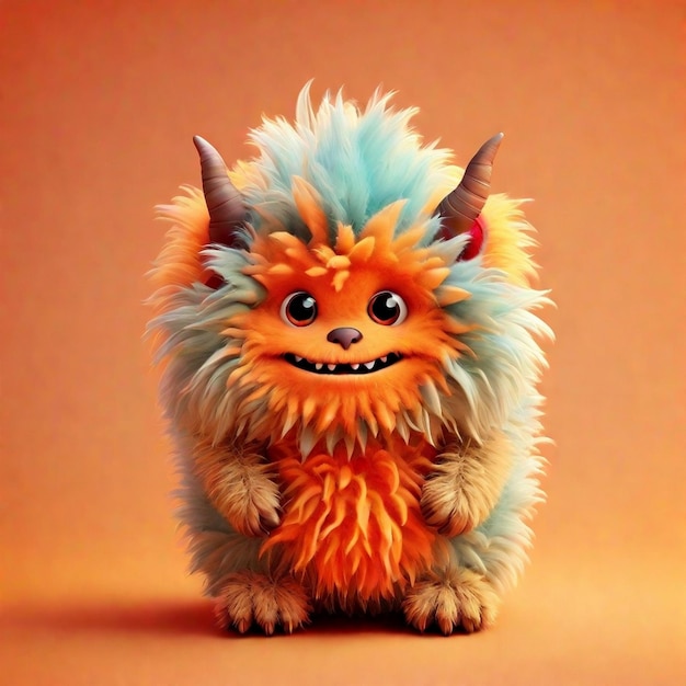 A cute 3d orange cartoon fluffy monster character isolated on color background