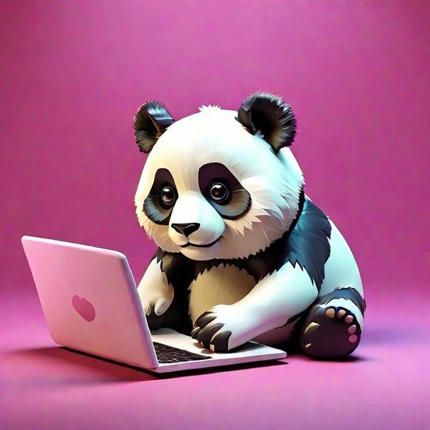 A Cute 3D panda using a Laptop Background generated by AI