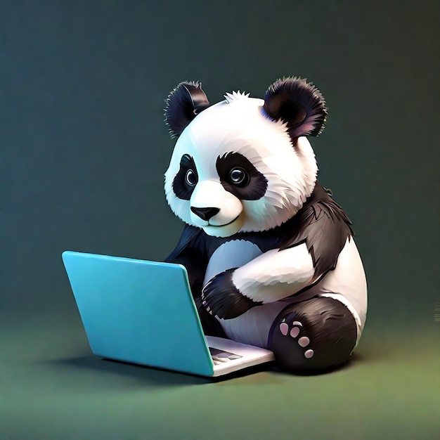 A Cute 3D panda using a Laptop Background generated by AI