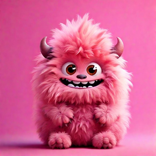 A cute 3d pink cartoon fluffy monster character isolated on color background