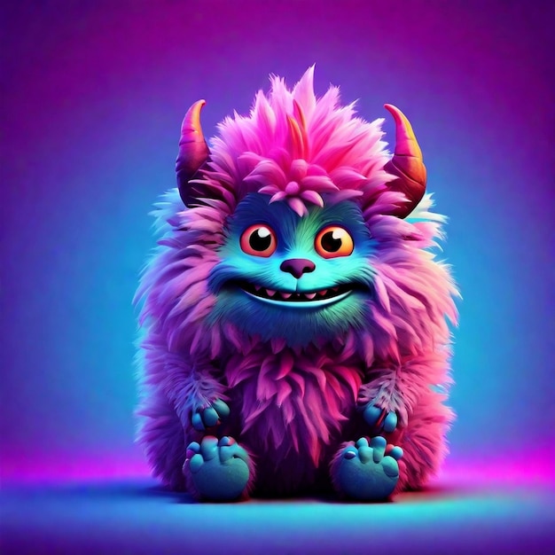 A cute 3d purple cartoon fluffy monster character isolated on color background