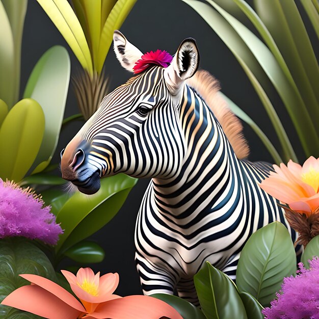 Cute 3d realistic zebra on tropical jungle full of exotic flowers and leaves