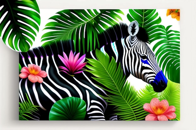 Cute 3d realistic zebra on tropical jungle full of exotic flowers and leaves