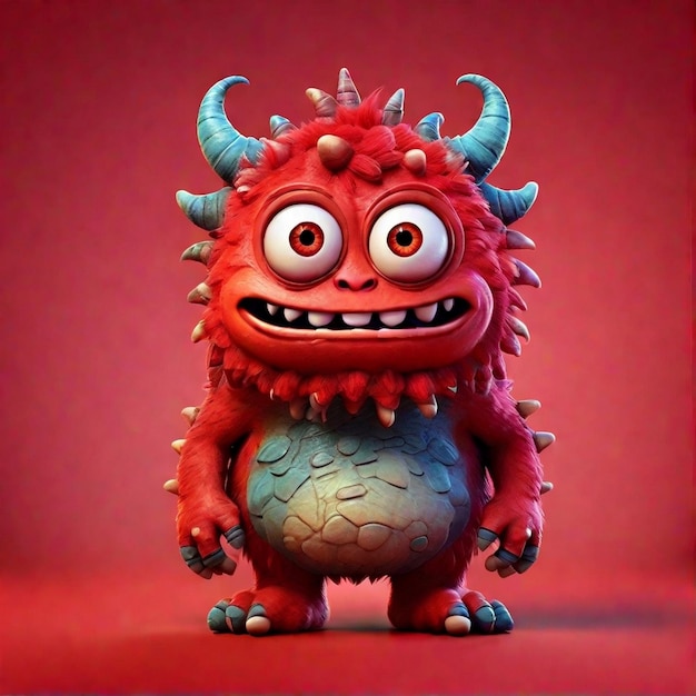 A cute 3d red cartoon monster character isolated on color background