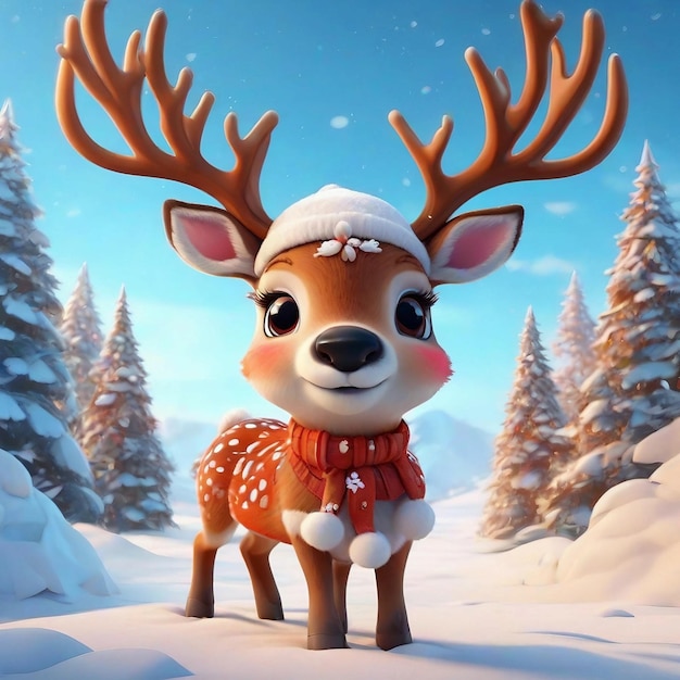 Photo cute 3d reindeer with winter background generative ai