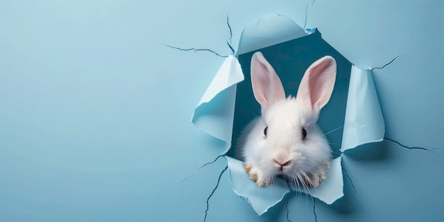 귀여운 3D 렌더링 토끼가 단색 종이에서 구을 어내고 부활절 토끼 배너