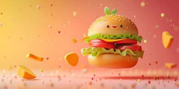 Cute 3D Render of a Flying Burger Crafted from Clay Soaring Over a Flat Clean and Colorful Backgroun