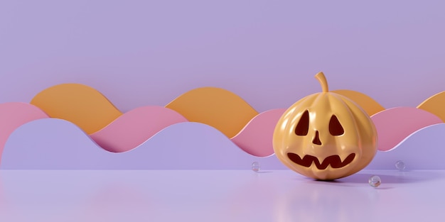 Cute 3D rendering for banner, celebration card design. Halloween pumpkin background on pastel color. Autumn holiday concept.