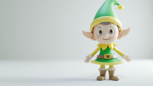 Cute 3D rendering of a Christmas elf in green and yellow suit with pointy ears and hat standing on a white background with a happy expression on its