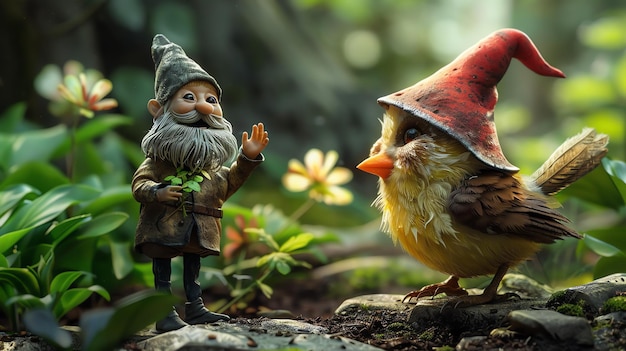 Photo a cute 3d rendering of a garden gnome and a bird the gnome is wearing a brown hat and a green shirt and has a long white beard