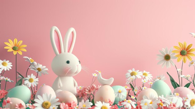 写真 ふわふわした白いウサギが色とりどりの花とイースターエッグの畑に座っている可愛い3dレンダリング 背景は柔らかいピンク色です
