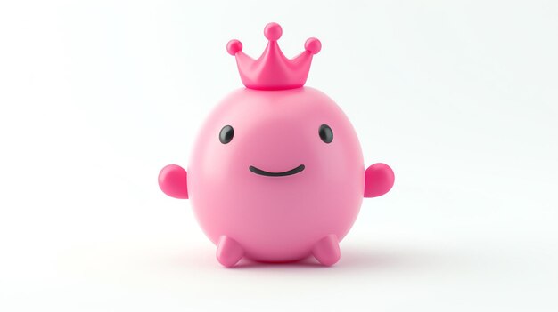 Cute 3D rendering of a pink blob character wearing a crown The blob has a happy expression on its face and is sitting on a white background