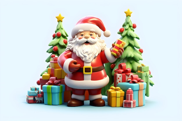 Cute 3D Santa With Gifts and Christmas Trees Ai Generated