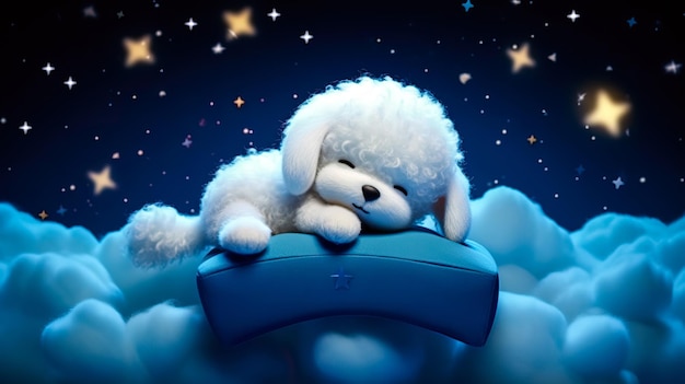 cute 3D scene of a poodle puppy sleeping on a cloud