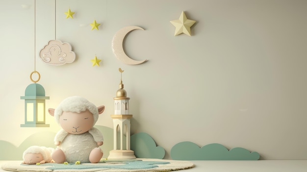 Cute 3d sheep with crescent and Eid al Adah decoration accessories on empty blue wall