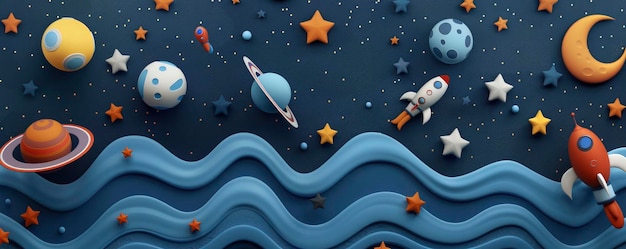 Photo cute 3d space scene planets spaceships and stars on dark blue background