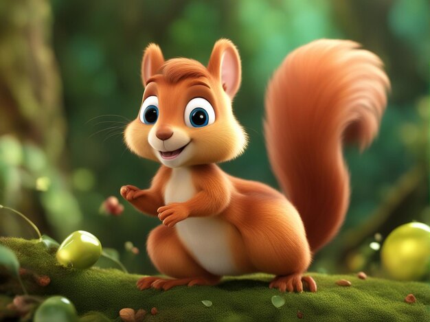 Cute 3d squirrel cartoon with blur forest background