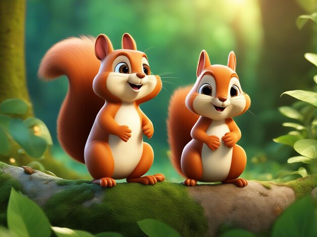 Cute 3d squirrel cartoon with blur forest background