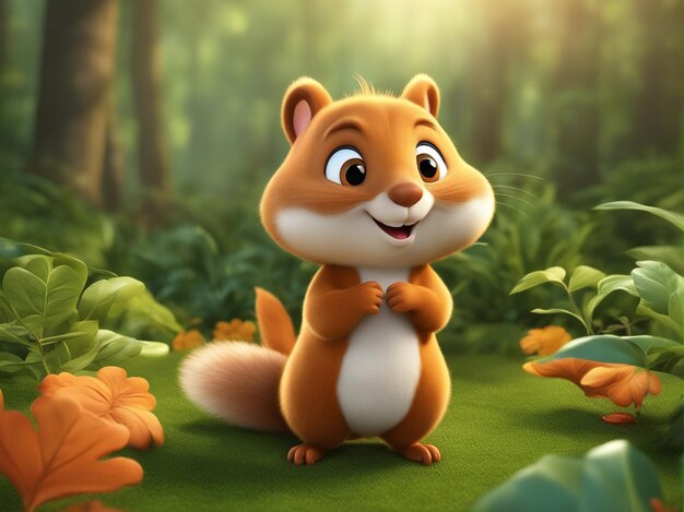 Cute 3d squirrel cartoon with blur forest background