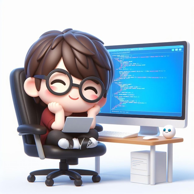 Cute 3D style chibi programmer glasses perched on their nose leaning back in their chair