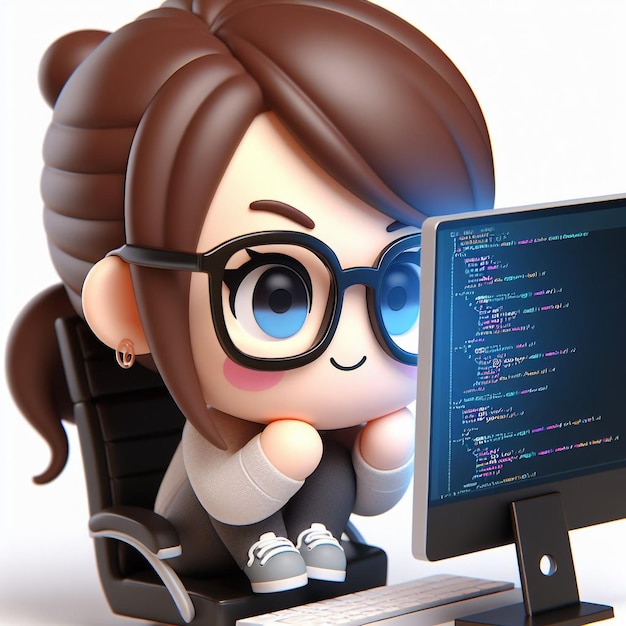 Cute 3D style chibi programmer glasses perched on their nose leaning back in their chair