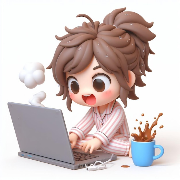 귀여운 3D 스타일의 치비 프로그래머가 잠옷을 입고 머리카락이 망진창이고 아침에 노트북에서 흥분해서 타이핑하고 있습니다.