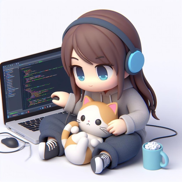 Cute 3D style chibi programmer with a cat curled up on their lap peacefully coding with cat