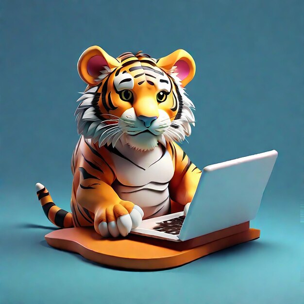 A cute 3d tiger using a laptop background generated by ai