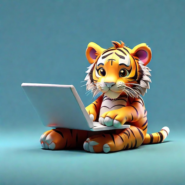 A Cute 3D Tiger Using a Laptop Background generated by AI