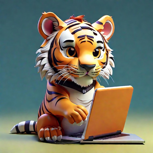 A Cute 3D Tiger Using a Laptop Background generated by AI