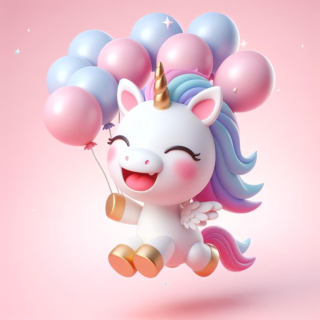 Photo cute 3d unicorn cartoon balloon adorable illustration background happy birthday wallpaper