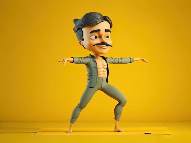 Cute 3d yoga man character on yellow background ai generative